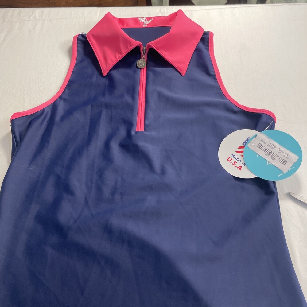 TZU TZU Women's Golf Polo, Quarter Zip, Navy with Pink Trim, Size
